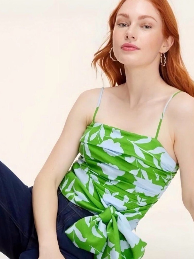 Green Floral Side-Tie Camisole With Light Blue Print